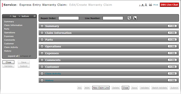 Edit/Create an Express Entry Warranty Claim page.